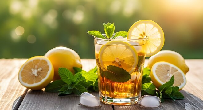 Refreshing iced tea with fresh lemons and mint leaves garnished with ice cubes on a wooden table outdoors - Powered by Adobe