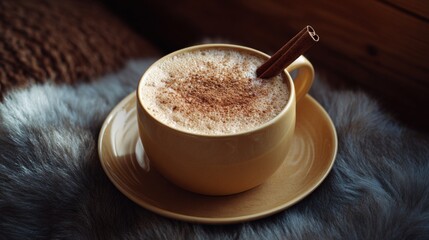 Close-up of a cup of coffee on a furry surface. the cup is white with a gold rim and is placed on a saucer. the coffee is frothy and has a light brown color.