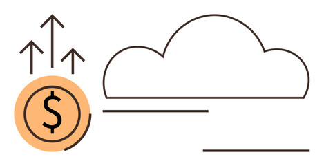 Dollar coin with upward arrows next to a cloud outline. Ideal for innovation, finance, technology, growth, progress, cloud storage, future investments. Simple flat metaphor