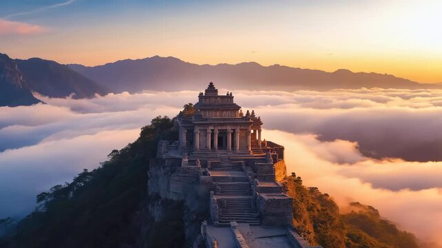 Majestic aerial view of ancient temple surrounded by clouds with mountains in background at sunset vibrant colors captivating scenes atmospheric lighting