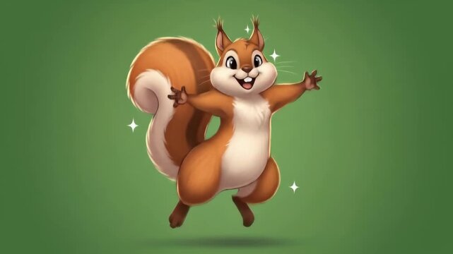 Animated squirrel cheerfully skipping against a soothing green backdrop, ideal for children's
