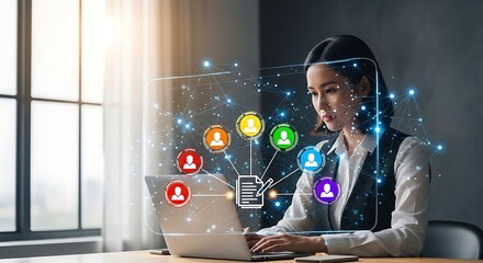 Young woman working on laptop with digital network and user icons overlay