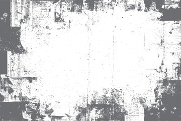 Textured distressed grunge overlay with faded newspaper print and abstract grey shapes background