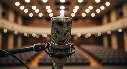 Vintage microphone on stage in empty theater