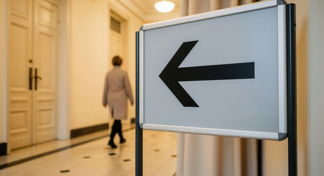 A sign indicating the direction of movement in the corridor of a government institution, along which a woman in a beige coat is walking