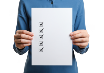 Person holding a white sheet of paper with a list of completed tasks marked by checkmarks isolated on transparent background