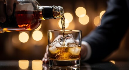 Pouring amber whiskey into a glass with ice cubes and bokeh background