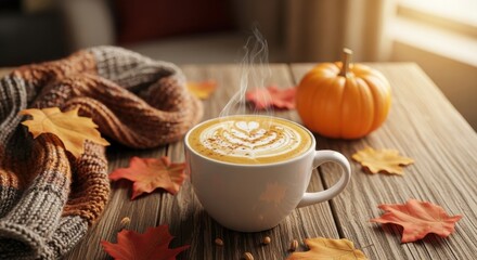Cozy autumn morning scene with latte and pumpkin on wooden table