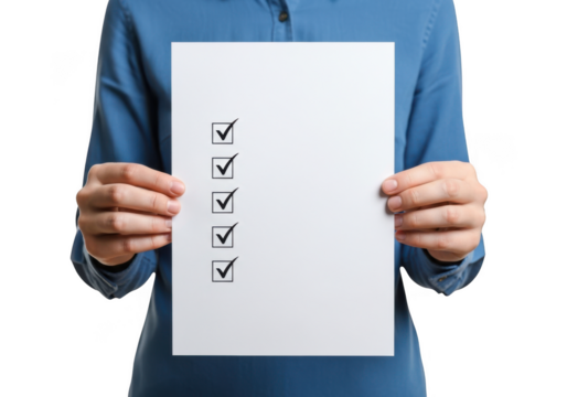 Person holding a white sheet of paper with a list of completed tasks marked by checkmarks isolated on transparent background