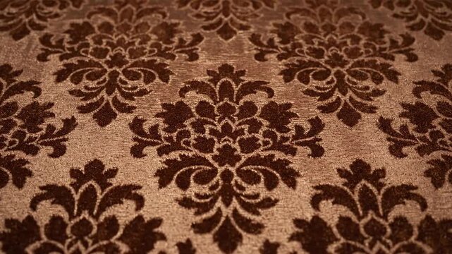 Brown Damask Fabric Texture - Close-up shot of a brown damask patterned fabric. The texture is soft and velvety.
