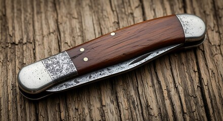 Antique Folding Pocket Knife with Wooden Handle on Rustic Wood Background.