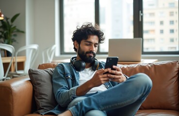 Young Indian man with headphones sits on sofa. He uses smartphone for texting or browsing, wearing casual denim shirt. Laptop is open on table behind him.