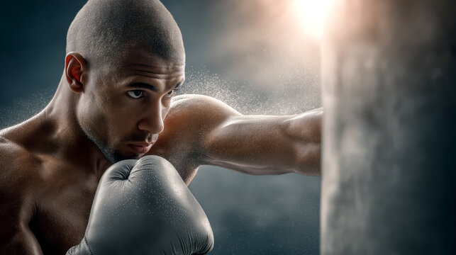 Close-up of a boxer punching a punching bag in a gym. Sports and training topics. - Powered by Adobe