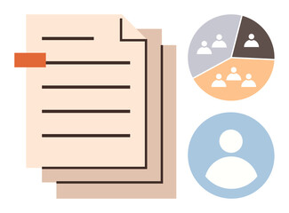 Stack of papers with red tab, pie chart of groups, blue profile icon. Ideal for teamwork, organization, project planning, data analysis, resource sharing, collaboration simple flat metaphor