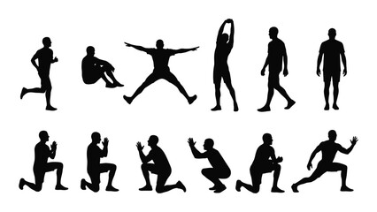Human exercise and movement silhouettes isolated on white background, Vector