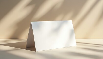 White folded card mockup on neutral surface receives sunlight. Clean design offers versatile template for branding and marketing materials. Ideal for stationery projects or creative presentations.