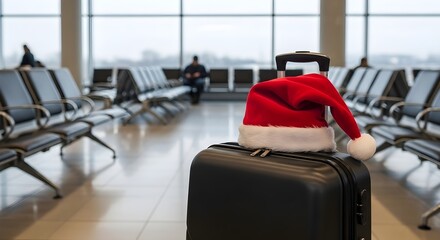 Christmas santa hat on suitcase in airport waiting area