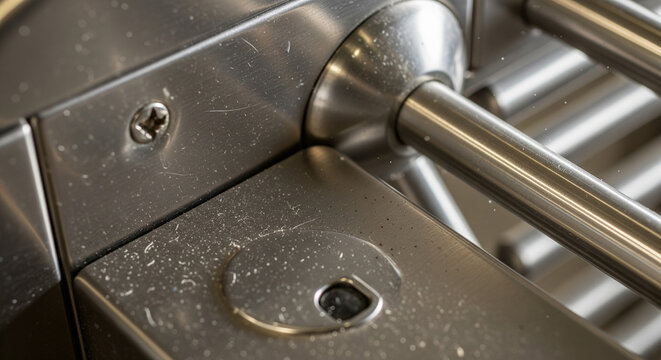 Close-up detail of dusty stainless steel mechanism with screws and bars
A detailed close-up shot of a stainless steel mechanism, possibly part of a turnstile or industrial railing, showing a bolted jo