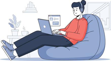 Simple vector illustration of person relaxing on bean bag using laptop, remote work theme