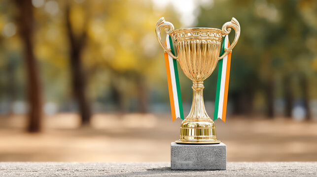 Golden trophy with ribbons in colors of the Indian flag placed on a table outdoors. Bright celebratory composition with soft depth and copy space. - Powered by Adobe