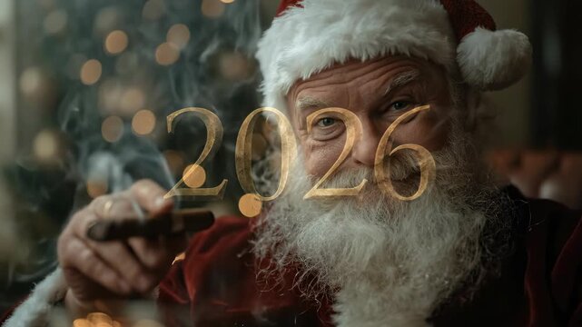 Wise old Santa Claus, with his long white beard, smiles confidently, holding lit cigar, exhaling clouds of smoke into festive air. Ideal for a Happy New Year 2026 greeting.