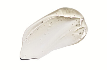 Cream gel yellow beige transparent cosmetic sample swatch smudge texture with bubbles on white background