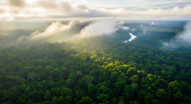 Aerial view of a winding river through a lush green rainforest canopy at sunrise