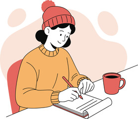 Simple vector illustration of person sitting with coffee mug and notepad, productivity and planning theme.
