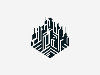 Abstract geometric cityscape formed with clean sharp shapes in bold black vector logo design