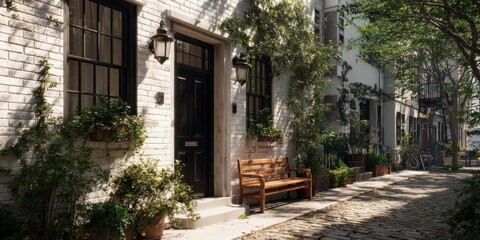 Fototapeta premium Charming Street Scene - White Brick Buildings and Lush Greenery.