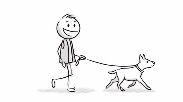 Animated stick figure man taking his dog for a walk in a simple cartoon style with white backdrop