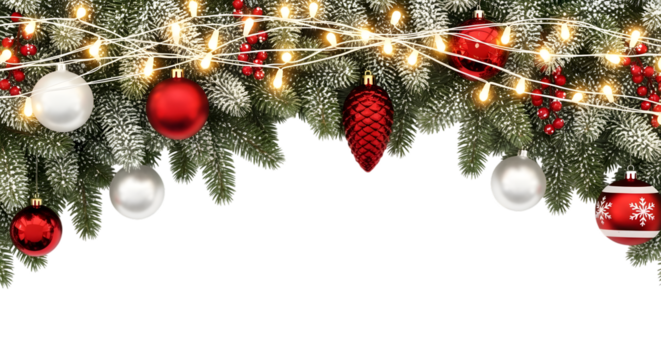 Christmas tree branches with ornaments and fairy lights