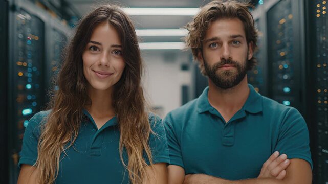 Two young professionals stand confidently in a server room. A woman with long brown hair and a man with curly brown hair wear matching blue polo shirts.
