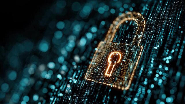 A glowing digital padlock symbol on a dark background filled with binary code. Represents cybersecurity and data protection concepts. - Powered by Adobe