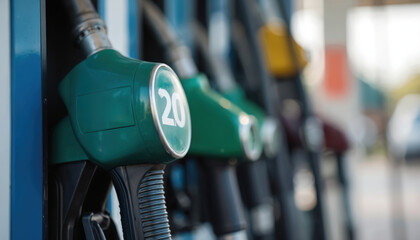 Close up row of green fuel pump nozzles at station. Energy resource consumption for vehicles. Fueling choice reflects environmental concerns. Diesel, gasoline fuel alternatives for transportation