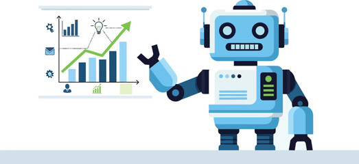 Simple vector illustration of robot holding growth chart, AI business concept, flat design