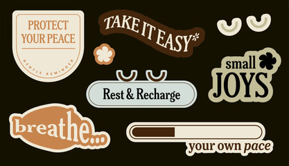 Set of mental health and self-care stickers. A collection of retro earthy-toned typography labels with positive quotes like "Protect Your Peace" and "Take It Easy" for journals or laptops.