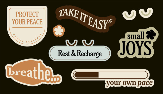 Set of mental health and self-care stickers. A collection of retro earthy-toned typography labels with positive quotes like "Protect Your Peace" and "Take It Easy" for journals or laptops.