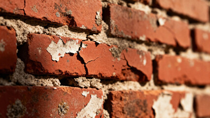 Close-up of weathered red brick wall with cracked mortar and peeling plaster