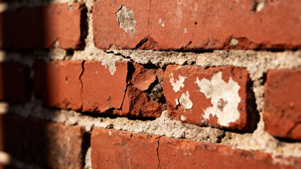 Close-up of weathered red brick wall with cracked mortar and peeling surface