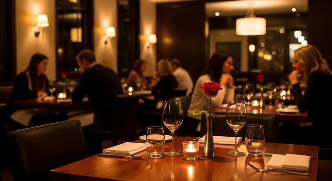 Cozy restaurant interior with people dining and ambient lighting