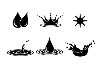Collection of black water drop and splash icons, isolated on
