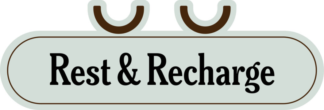 "Rest & Recharge" button label sticker. A retro-style badge resembling a switch or battery concept for burnout prevention and self-care.