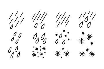 Set of simple line icons representing different types of precipitation, including rain and snow, isolated on