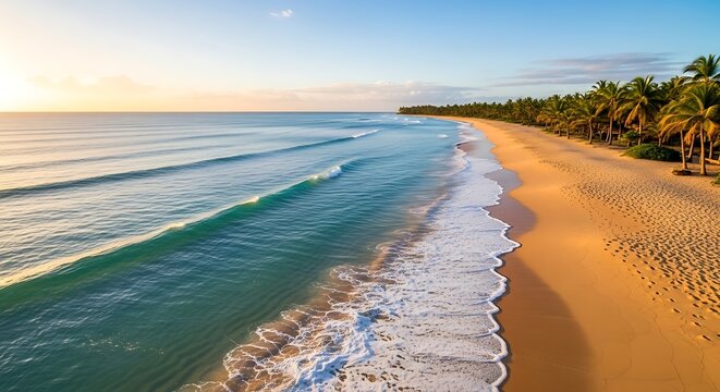 Tropical beach with palm trees and gentle ocean waves at sunset