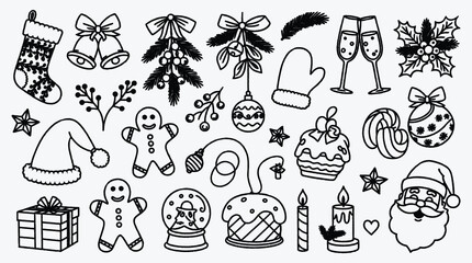 Christmas themed vector set of holiday illustrations in outline style