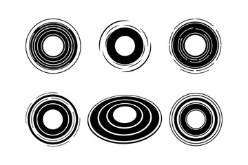 Set of six abstract concentric circles and ovals in black and white, isolated on