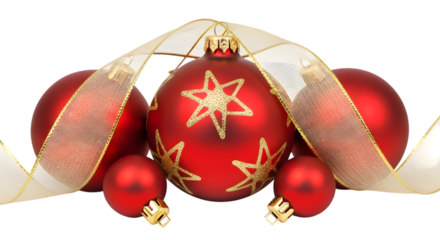 Red christmas baubles with gold star pattern and a decorative ribbon