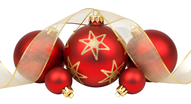Red christmas baubles with gold star pattern and a decorative ribbon
