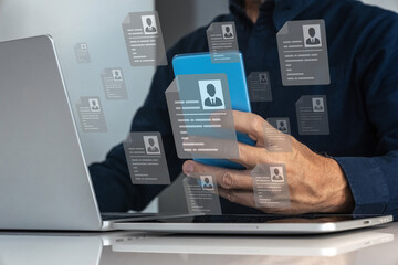 HR Professional Using Smartphone to Review Digital CVs and Select Top Candidates for Recruitment and Talent Acquisition